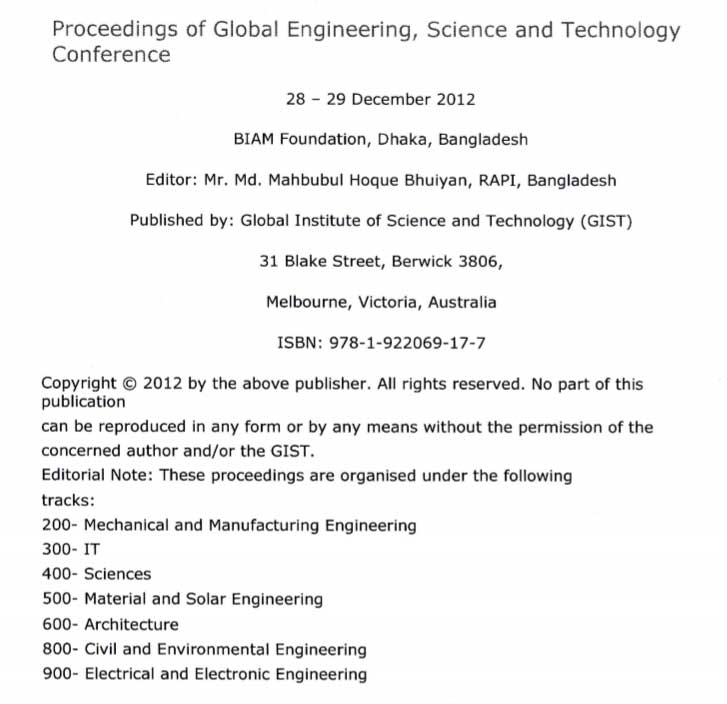 Proceedings of Global Engineering, Science and Technology Conference 2012 г. BIAM Foundation, Dhaka, Bangladesh
